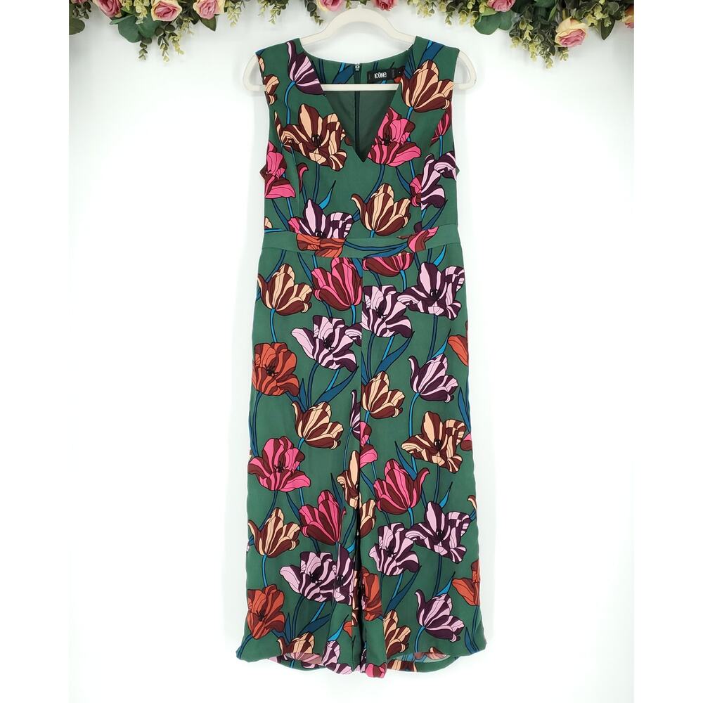 Icone Green Floral Sleeveless V-neck Jumpsuit Size 8